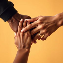 Three hands shaking in a gesture of friendship and unity, featuring diverse skin tones to represent inclusivity