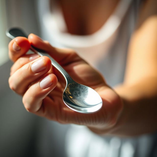 A close-up of a hand holding a shiny silver spoon, with the delicate details of the hand and spoon clearly visible