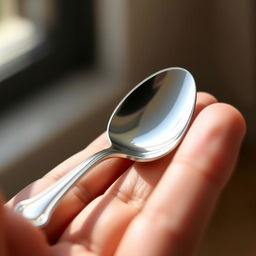 A close-up of a hand holding a shiny silver spoon, with the delicate details of the hand and spoon clearly visible