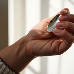 A close-up of a hand holding a shiny silver spoon, with the delicate details of the hand and spoon clearly visible