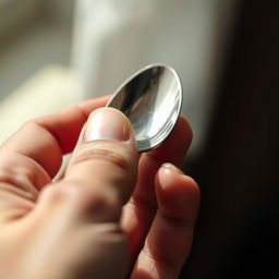 A close-up of a hand holding a shiny silver spoon, with the delicate details of the hand and spoon clearly visible
