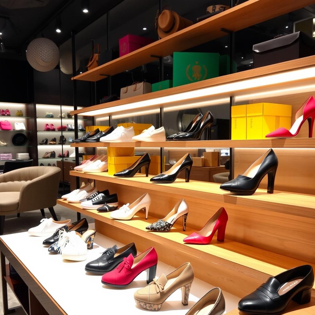 A stylish collection of shoes displayed in a fashionable boutique setting, featuring a variety of designs such as sleek sneakers, elegant high heels, and casual loafers