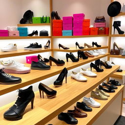 A stylish collection of shoes displayed in a fashionable boutique setting, featuring a variety of designs such as sleek sneakers, elegant high heels, and casual loafers