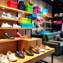 A stylish collection of shoes displayed in a fashionable boutique setting, featuring a variety of designs such as sleek sneakers, elegant high heels, and casual loafers