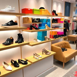 A stylish collection of shoes displayed in a fashionable boutique setting, featuring a variety of designs such as sleek sneakers, elegant high heels, and casual loafers