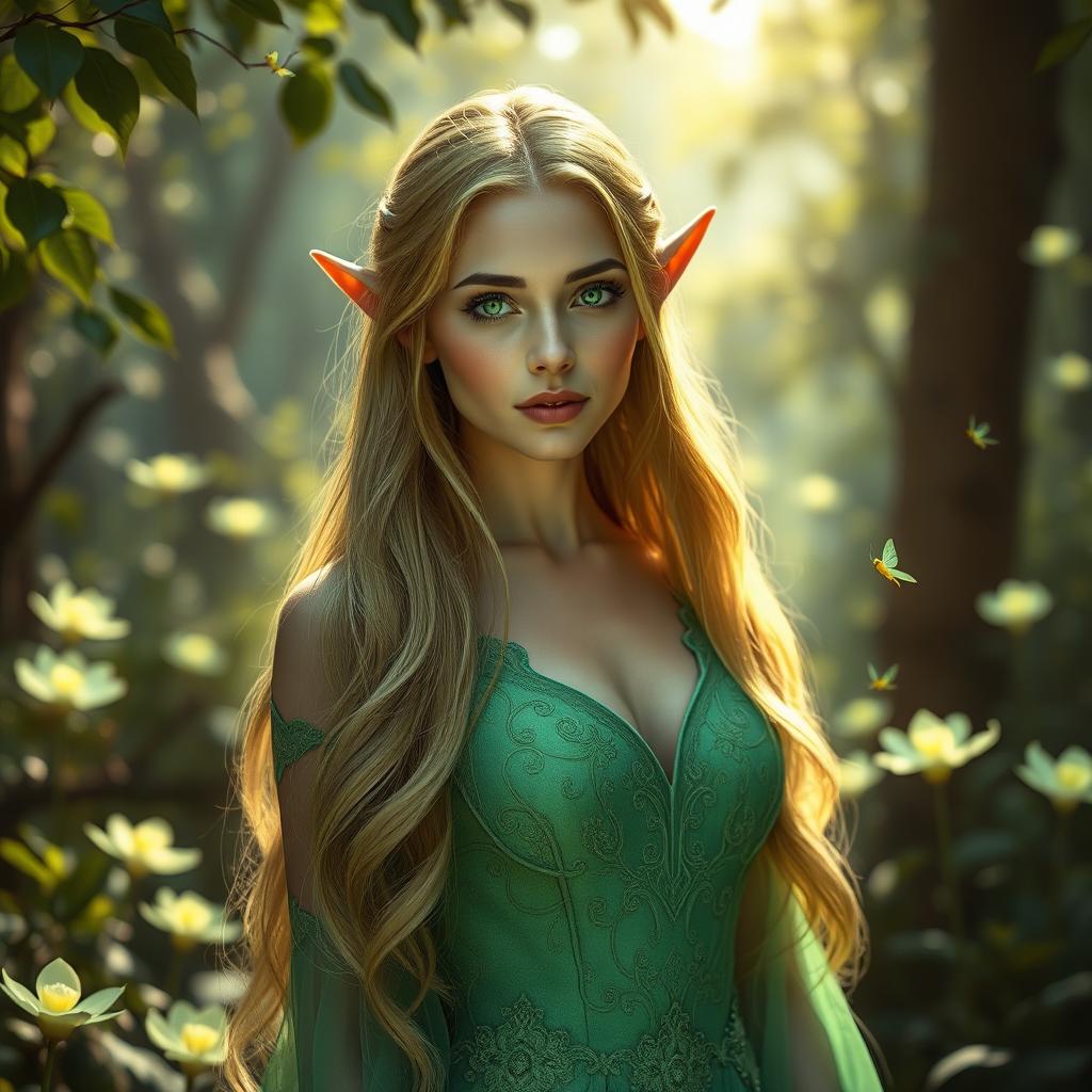 A beautiful woman with restored pointed elf-like ears, standing in a mystical enchanted forest full of vibrant foliage and glowing bioluminescent flowers