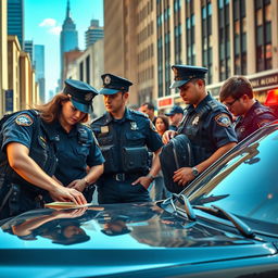 A dynamic scene depicting a group of police officers in action