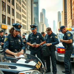 A dynamic scene depicting a group of police officers in action