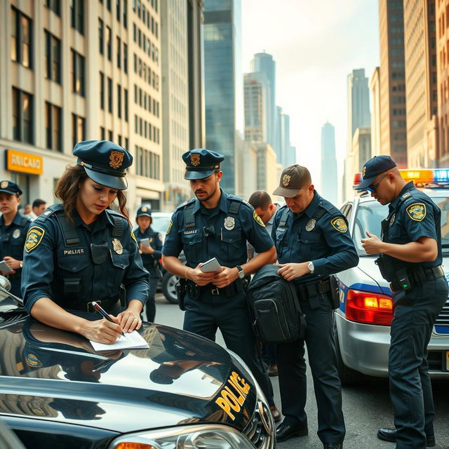 A dynamic scene depicting a group of police officers in action