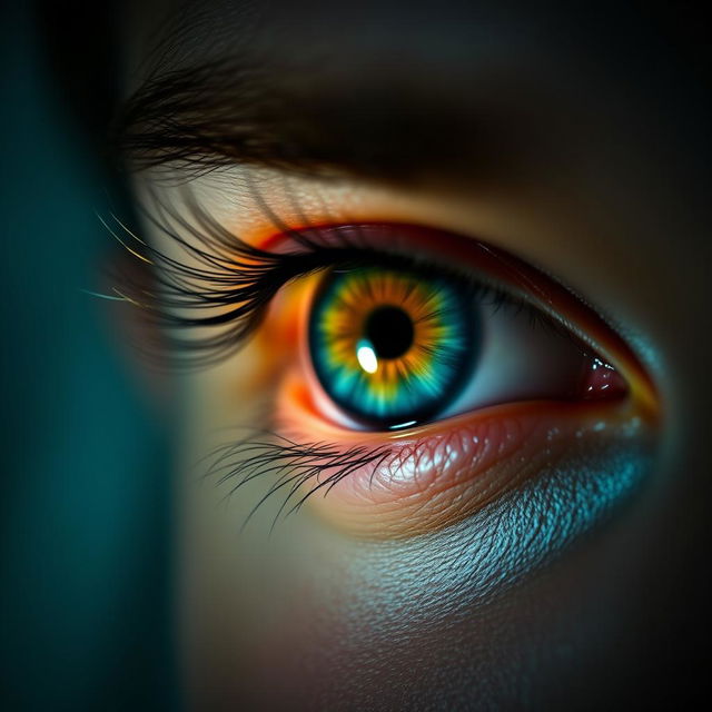 A close-up of a striking eye in focus, showcasing intricate details like the vibrant iris and a subtle reflection of light