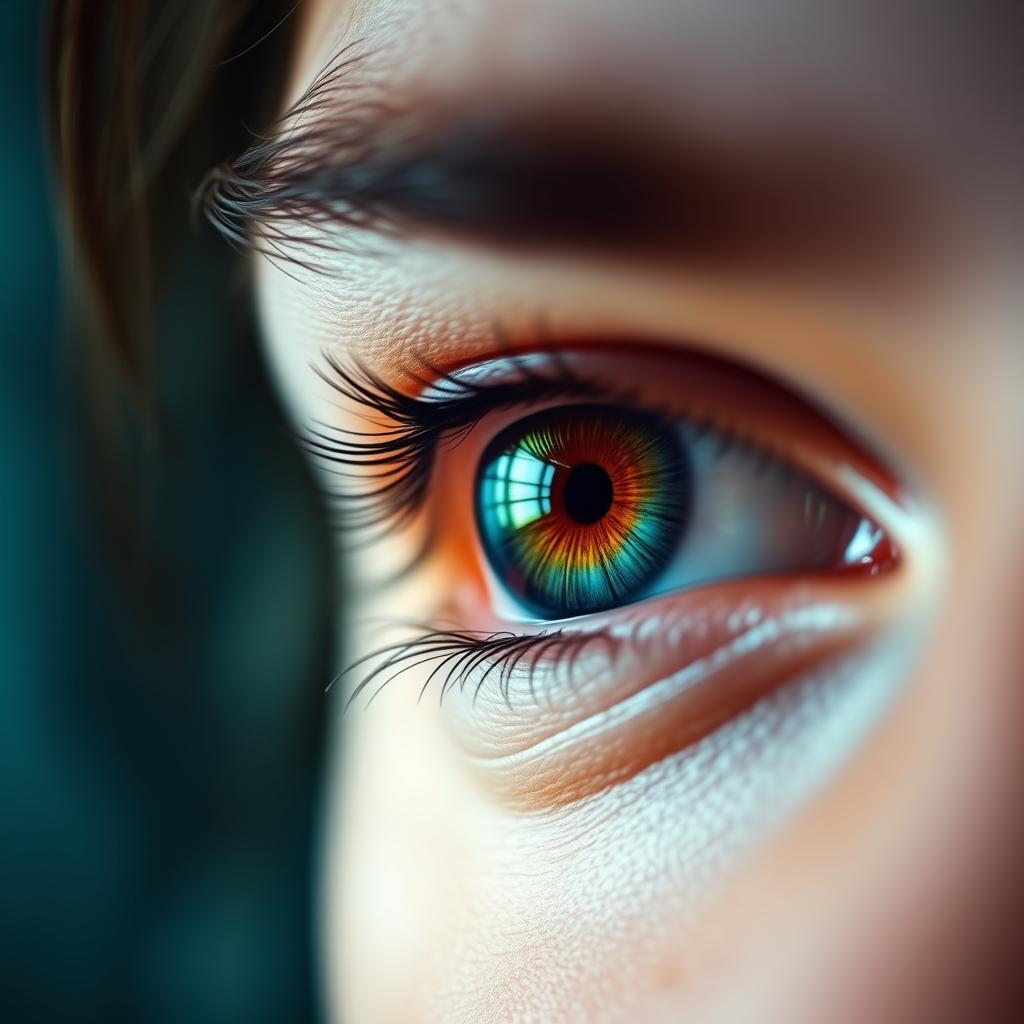 A close-up of a striking eye in focus, showcasing intricate details like the vibrant iris and a subtle reflection of light