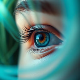 A close-up of a striking eye in focus, showcasing intricate details like the vibrant iris and a subtle reflection of light