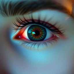 A close-up of a striking eye in focus, showcasing intricate details like the vibrant iris and a subtle reflection of light