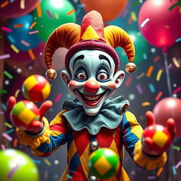 A whimsical jester character dressed in a colorful harlequin costume featuring vibrant red, blue, yellow, and green diamond patterns