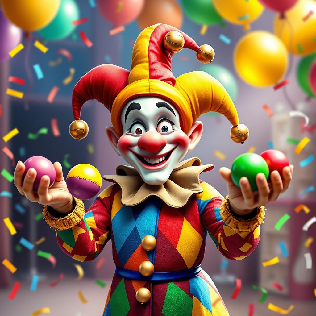 A whimsical jester character dressed in a colorful harlequin costume featuring vibrant red, blue, yellow, and green diamond patterns