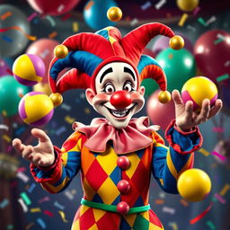 A whimsical jester character dressed in a colorful harlequin costume featuring vibrant red, blue, yellow, and green diamond patterns