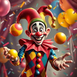 A whimsical jester character dressed in a colorful harlequin costume featuring vibrant red, blue, yellow, and green diamond patterns