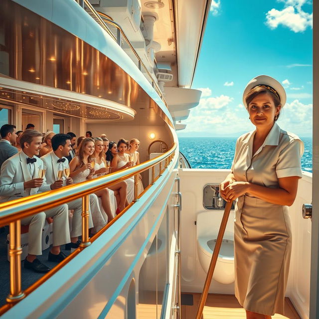 A lavish cruise ship decked in gold and white accents, showcasing a glamorous scene with young boys and girls elegantly dressed, joyfully sipping champagne and laughing under the sun
