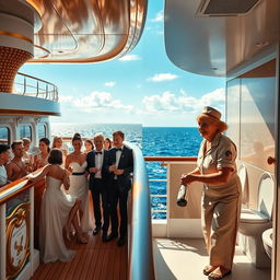 A lavish cruise ship decked in gold and white accents, showcasing a glamorous scene with young boys and girls elegantly dressed, joyfully sipping champagne and laughing under the sun