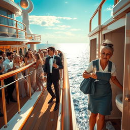 A lavish cruise ship decked in gold and white accents, showcasing a glamorous scene with young boys and girls elegantly dressed, joyfully sipping champagne and laughing under the sun