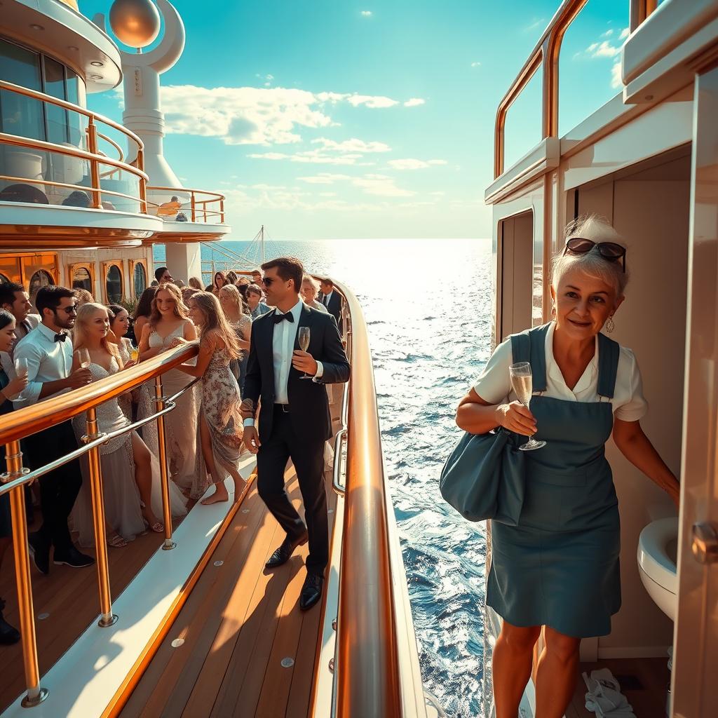 A lavish cruise ship decked in gold and white accents, showcasing a glamorous scene with young boys and girls elegantly dressed, joyfully sipping champagne and laughing under the sun