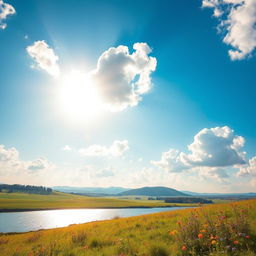 A clear and bright high-definition image of a serene landscape featuring a vibrant blue sky with fluffy white clouds, lush green fields dotted with colorful wildflowers, and a calm, reflective lake