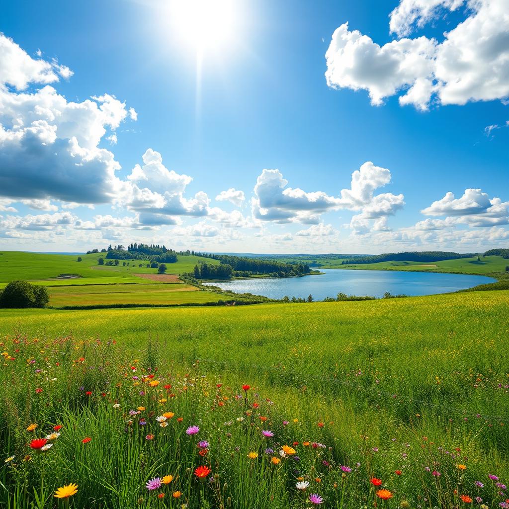 A clear and bright high-definition image of a serene landscape featuring a vibrant blue sky with fluffy white clouds, lush green fields dotted with colorful wildflowers, and a calm, reflective lake