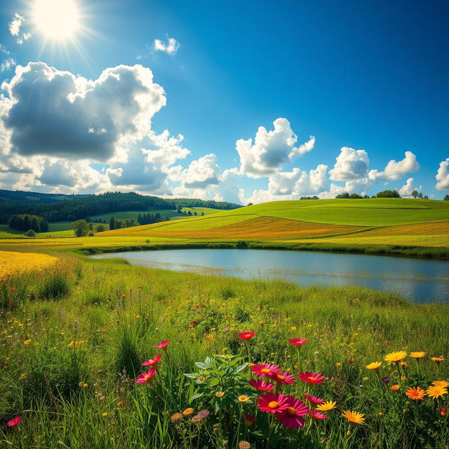 A clear and bright high-definition image of a serene landscape featuring a vibrant blue sky with fluffy white clouds, lush green fields dotted with colorful wildflowers, and a calm, reflective lake