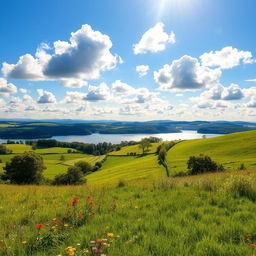 A clear and bright high-definition image of a serene landscape featuring a vibrant blue sky with fluffy white clouds, lush green fields dotted with colorful wildflowers, and a calm, reflective lake