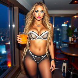 A full-length, head-to-toe photograph of a sexy, beautiful, curvy 18-year-old woman with very thick, long, messy dirty blond hair cascading elegantly around her shoulders