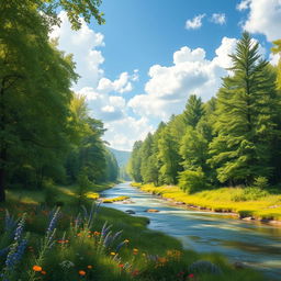 A beautiful forest landscape filled with lush green trees, dappled sunlight filtering through the leaves, a serene river flowing gently through the scene, colorful wildflowers blooming on the riverbanks, and a clear blue sky with fluffy white clouds