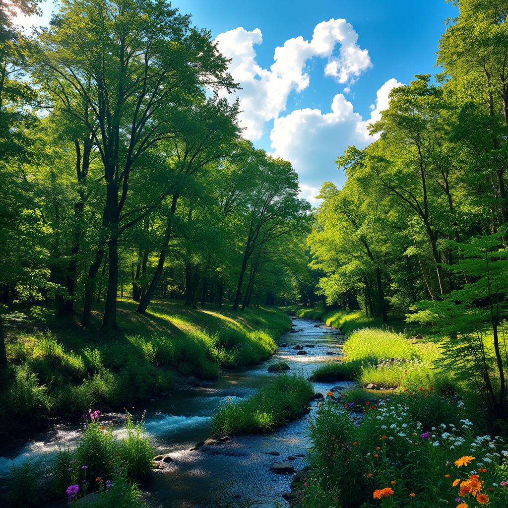 A beautiful forest landscape filled with lush green trees, dappled sunlight filtering through the leaves, a serene river flowing gently through the scene, colorful wildflowers blooming on the riverbanks, and a clear blue sky with fluffy white clouds
