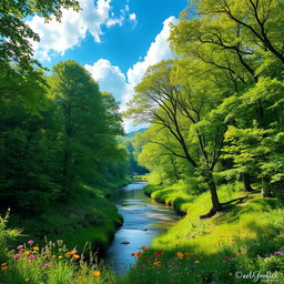 A beautiful forest landscape filled with lush green trees, dappled sunlight filtering through the leaves, a serene river flowing gently through the scene, colorful wildflowers blooming on the riverbanks, and a clear blue sky with fluffy white clouds