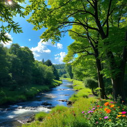 A beautiful forest landscape filled with lush green trees, dappled sunlight filtering through the leaves, a serene river flowing gently through the scene, colorful wildflowers blooming on the riverbanks, and a clear blue sky with fluffy white clouds