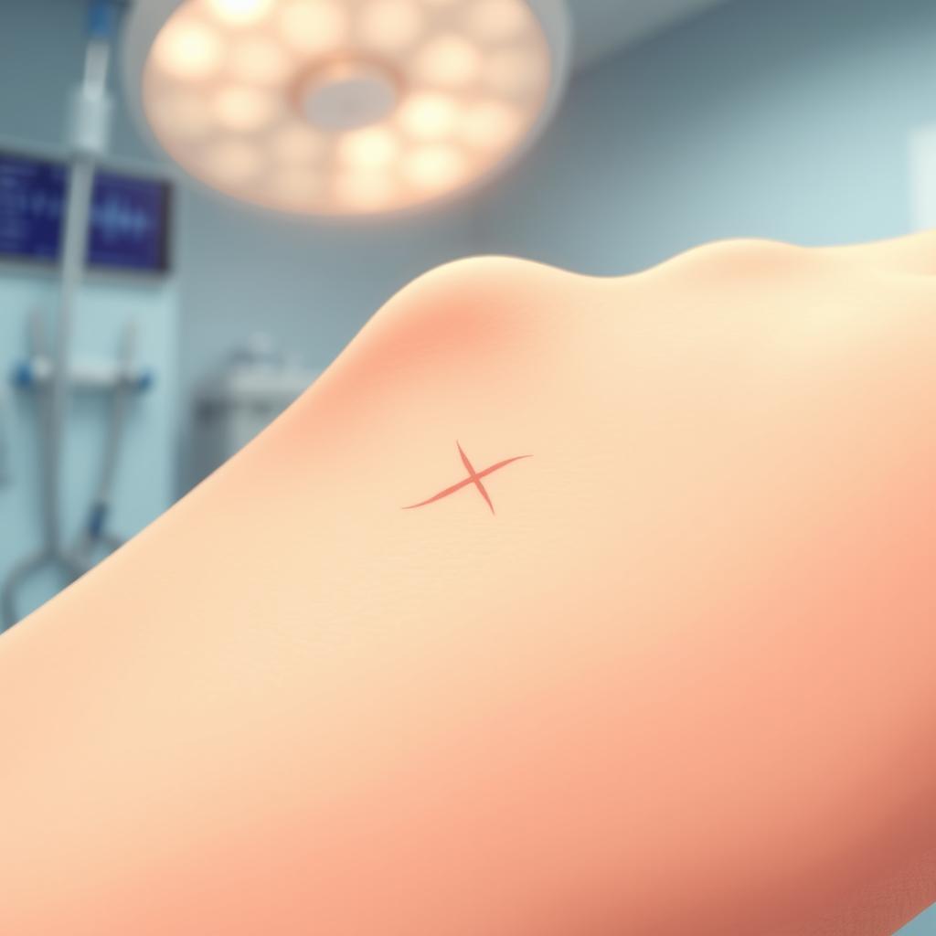 A detailed illustration of a recent small operation scar on the skin, showing the healing process and scars