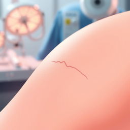 A detailed illustration of a recent small operation scar on the skin, showing the healing process and scars