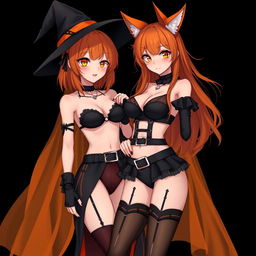 A sexy gothic anime witch girl with shoulder-length orange hair and thick red lips, wearing a classic witches hat