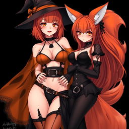 A sexy gothic anime witch girl with shoulder-length orange hair and thick red lips, wearing a classic witches hat