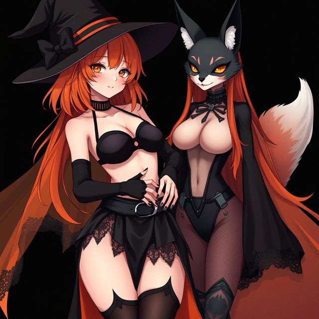 A sexy gothic anime witch girl with shoulder-length orange hair and thick red lips, wearing a classic witches hat