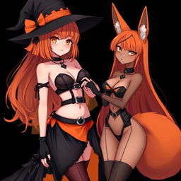 A sexy gothic anime witch girl with shoulder-length orange hair and thick red lips, wearing a classic witches hat