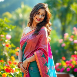 A beautiful and alluring woman wearing a traditional saree, draped elegantly around her figure