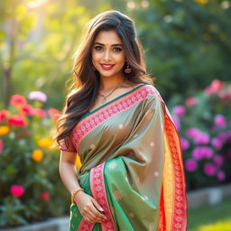 A beautiful and alluring woman wearing a traditional saree, draped elegantly around her figure