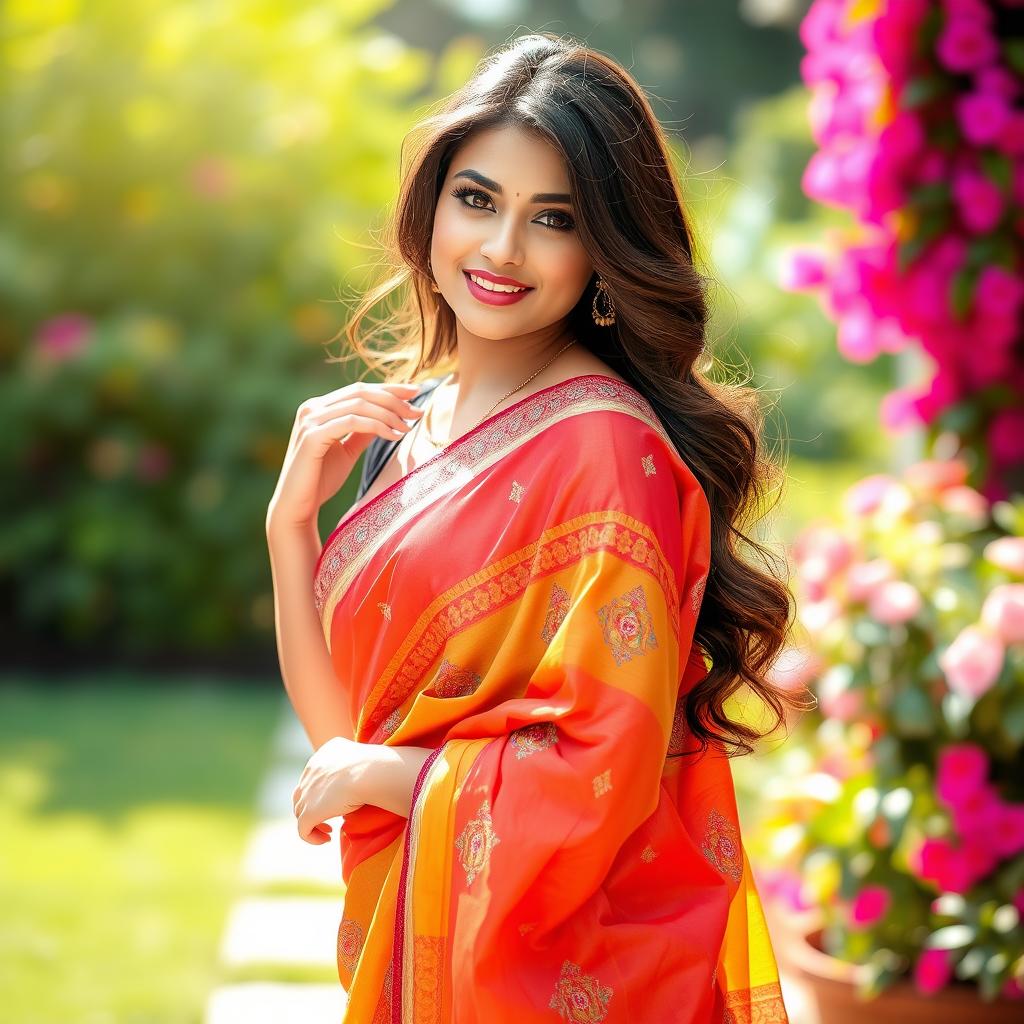 A beautiful and alluring woman wearing a traditional saree, draped elegantly around her figure
