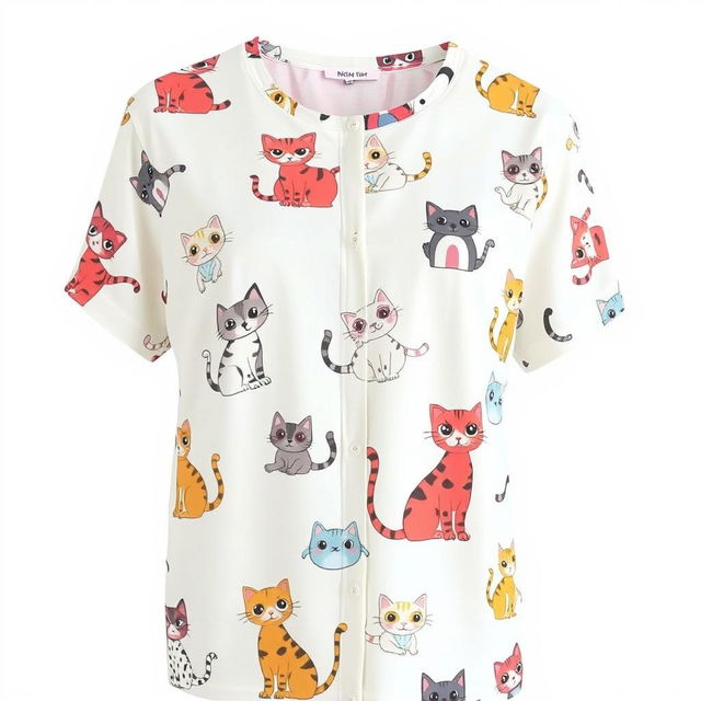 A fashionable shirt with a vibrant cat print, showcasing various colorful cartoon cats in playful poses across the fabric