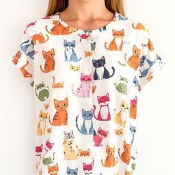 A fashionable shirt with a vibrant cat print, showcasing various colorful cartoon cats in playful poses across the fabric