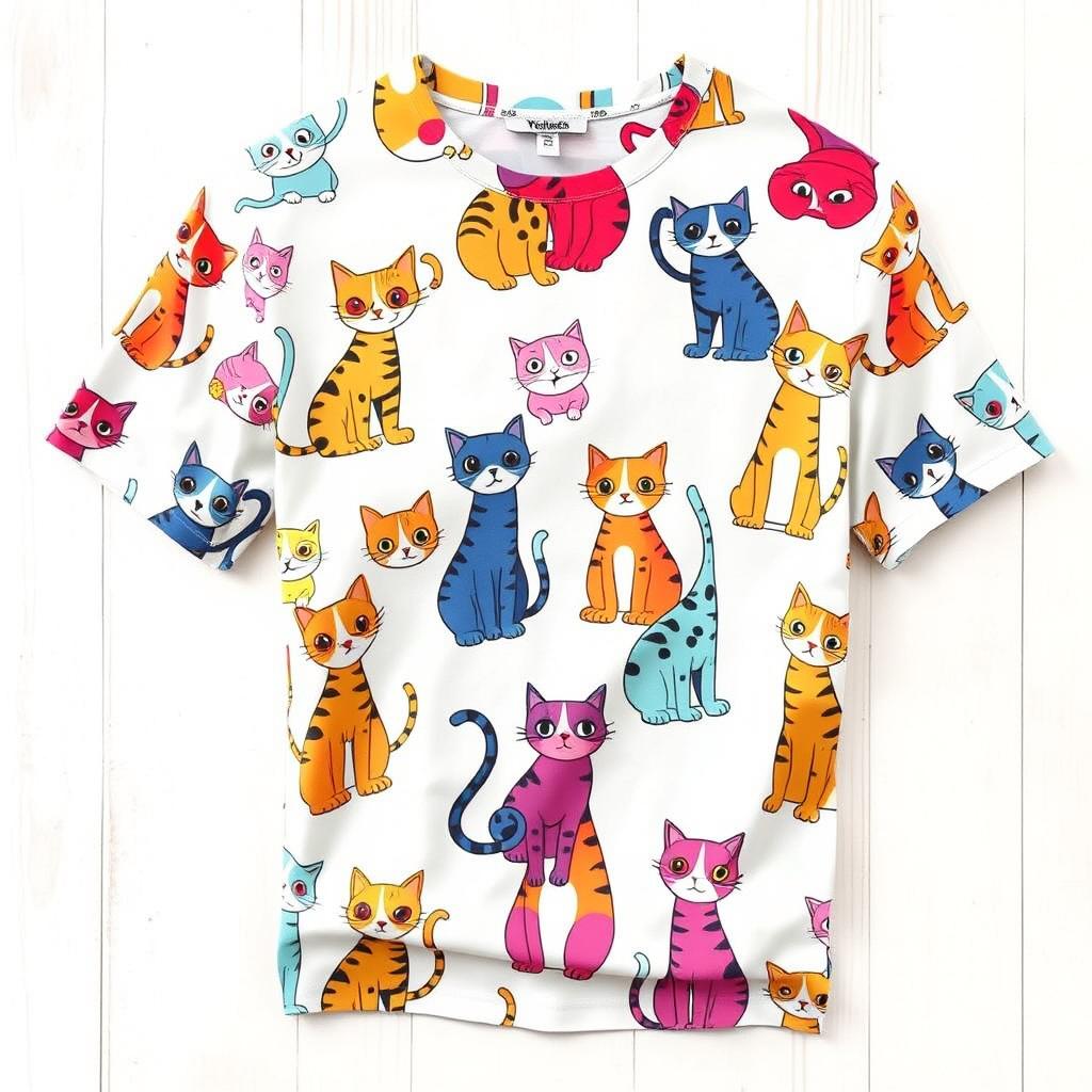 A fashionable shirt with a vibrant cat print, showcasing various colorful cartoon cats in playful poses across the fabric