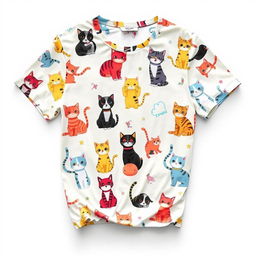 A fashionable shirt with a vibrant cat print, showcasing various colorful cartoon cats in playful poses across the fabric
