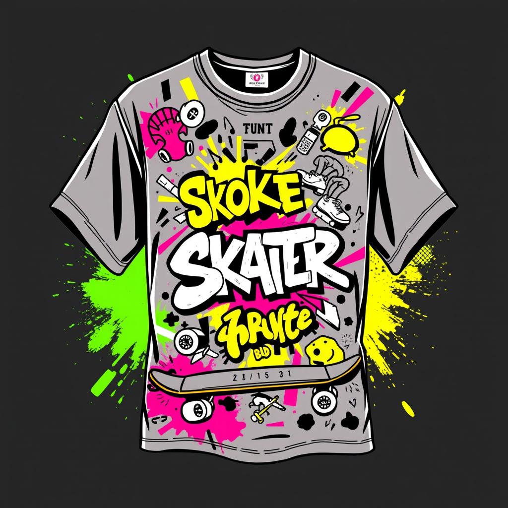 A stylish 2000s skater shirt design, featuring bold graphics and vibrant colors
