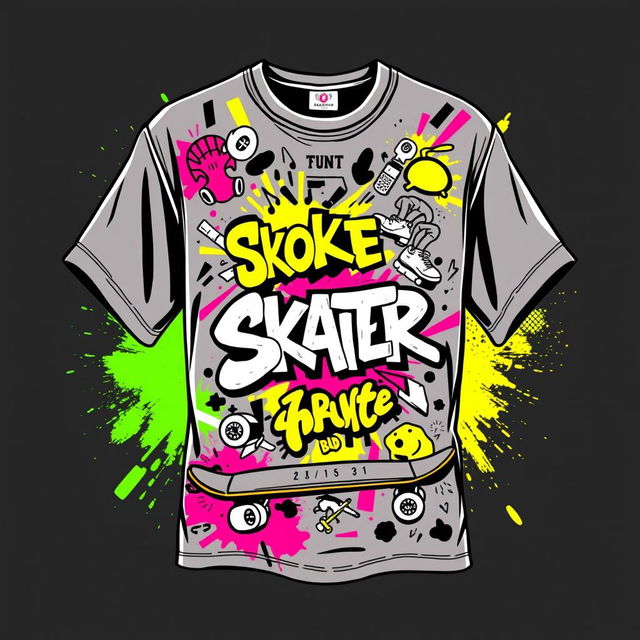 A stylish 2000s skater shirt design, featuring bold graphics and vibrant colors