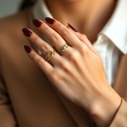 A close-up of a stylish and elegant hand adorned with maroon nails, showcasing a luxurious gold watch on the wrist and several intricate gold rings on the fingers